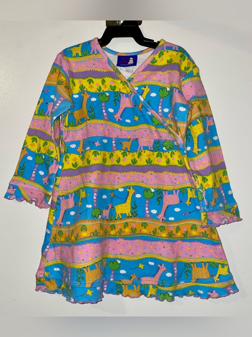 Flap Happy Blue Pink Yellow Giraffe Print Wrap Dress